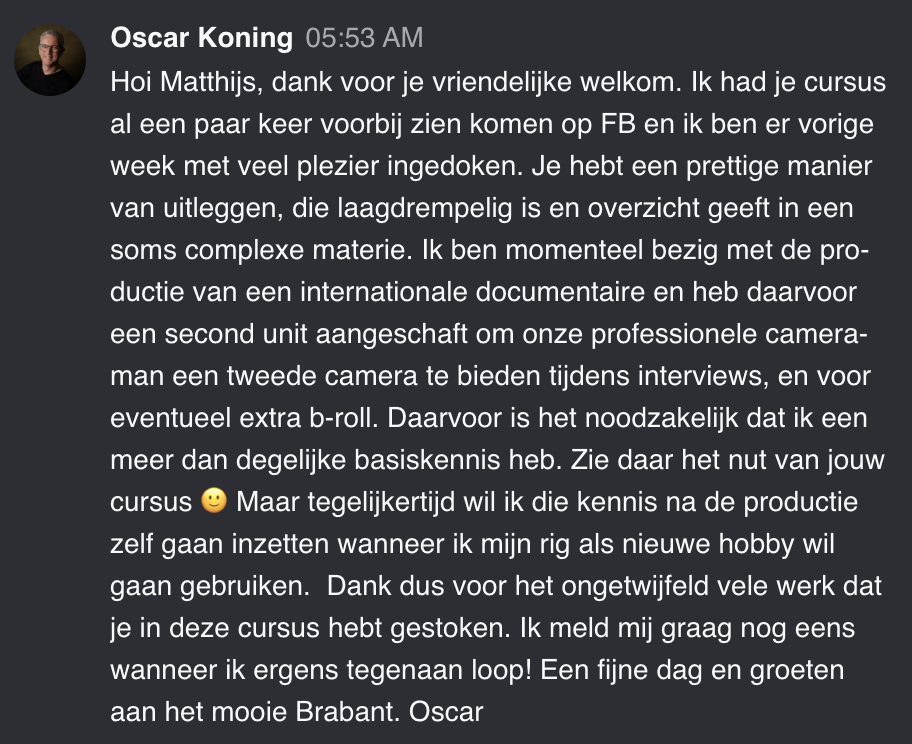 Cursist deelt review en ervaring met de online Cursus Videografie van Matthijs de Deugd