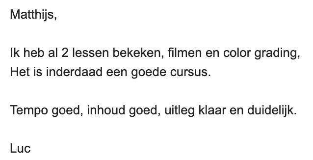 Cursist deelt review en ervaring met de online Cursus Videografie van Matthijs de Deugd