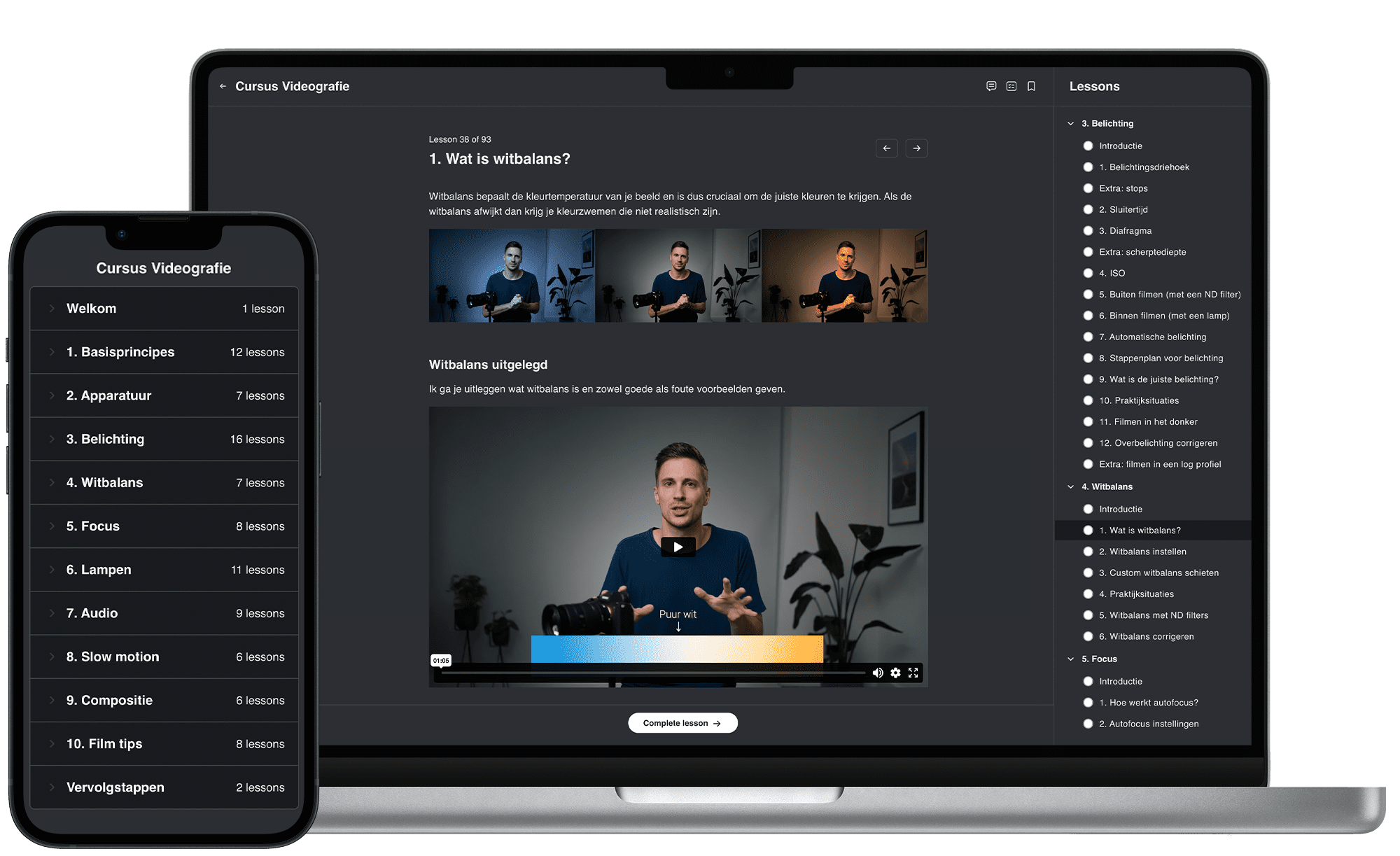 Overzicht van het online leerplatform van de Cursus Videografie van Matthijs de Deugd op laptop