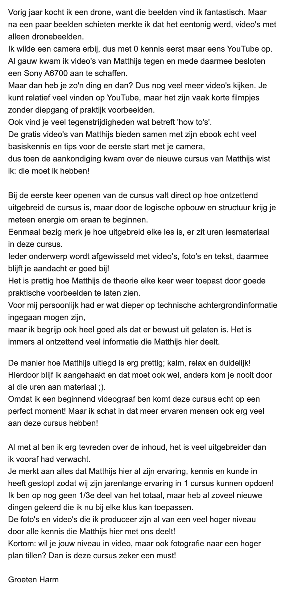 Cursist deelt review en ervaring met de online Cursus Videografie van Matthijs de Deugd