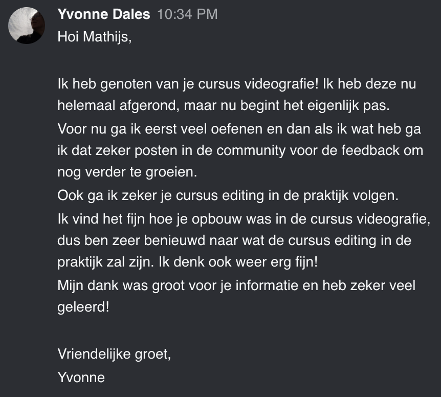 Cursist deelt review en ervaring met de online Cursus Videografie van Matthijs de Deugd