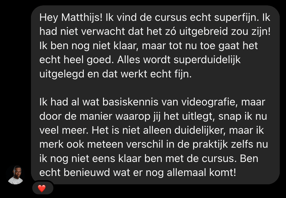 Cursist deelt review en ervaring met de online Cursus Videografie van Matthijs de Deugd