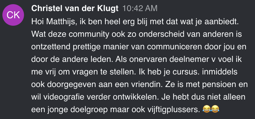 Cursist deelt review en ervaring met de online Cursus Videografie van Matthijs de Deugd