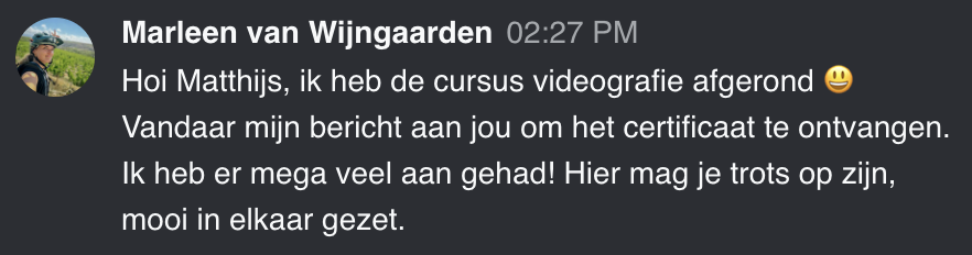 Cursist deelt review en ervaring met de online Cursus Videografie van Matthijs de Deugd