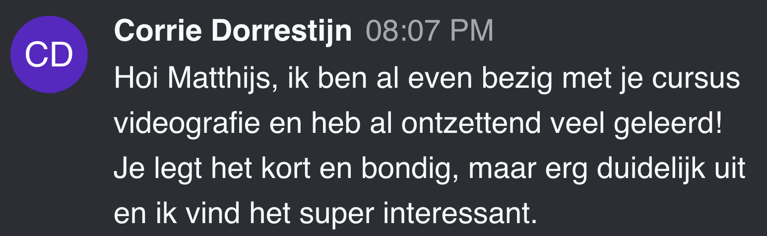 Cursist deelt review en ervaring met de online Cursus Videografie van Matthijs de Deugd
