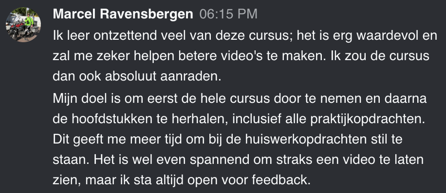 Cursist deelt review en ervaring met de online Cursus Videografie van Matthijs de Deugd