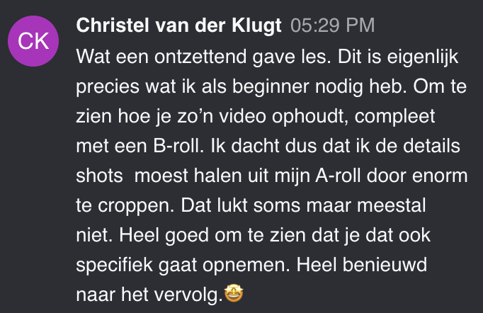 Cursist deelt review en ervaring met de online Cursus Videografie van Matthijs de Deugd
