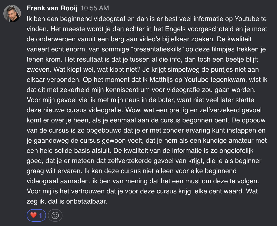 Cursist deelt review en ervaring met de online Cursus Videografie van Matthijs de Deugd