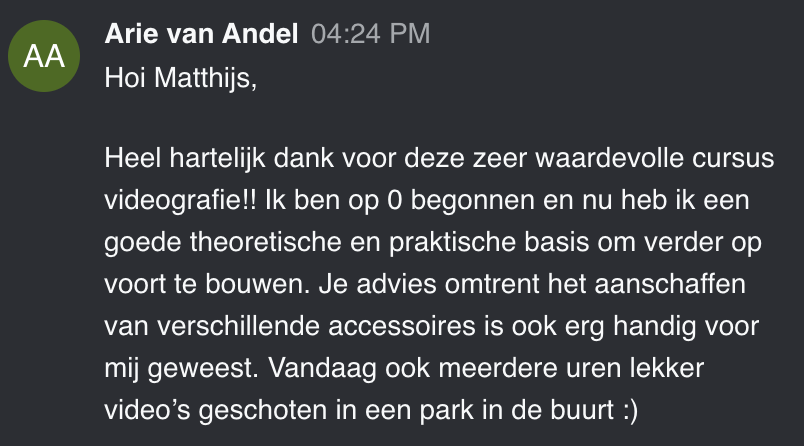 Cursist deelt review en ervaring met de online Cursus Videografie van Matthijs de Deugd