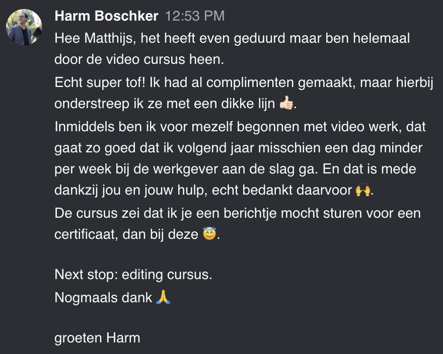 Cursist deelt review en ervaring met de online Cursus Videografie van Matthijs de Deugd