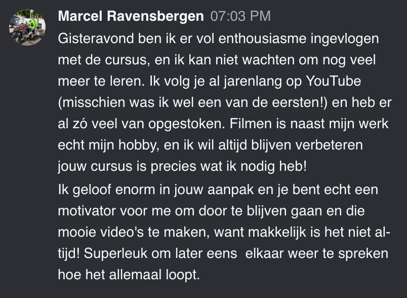 Cursist deelt review en ervaring met de online Cursus Videografie van Matthijs de Deugd